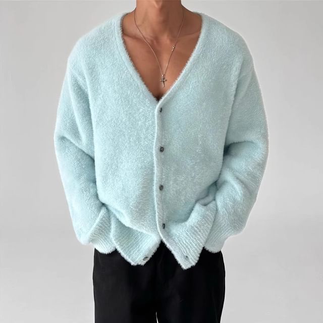 Okwano-Plain Fluffy V-Neck Button Up Cardigan