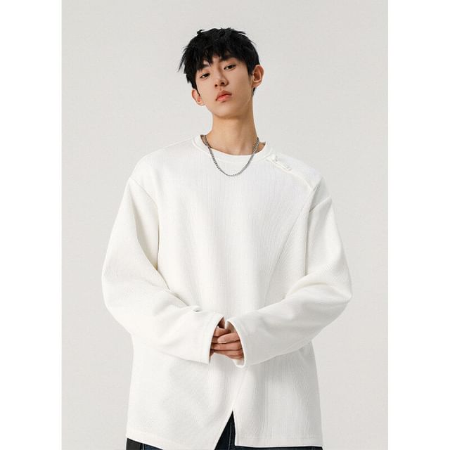 VEAZ-Long Sleeve Crew Neck Plain Panel Slit Top