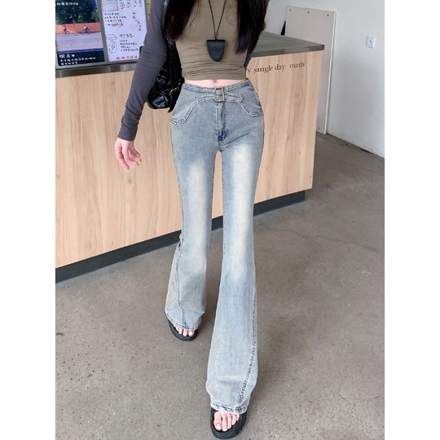 OGAWA-Mid Waist Washed Flared Jeans