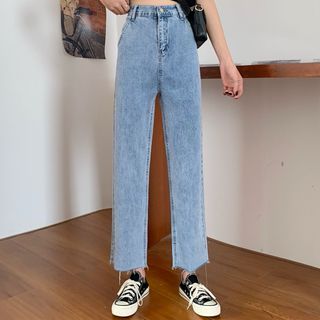 high waisted frayed hem jeans