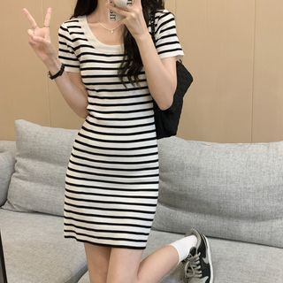 DiBi Short-Sleeve Crew Neck Striped Mini T-Shirt Dress Sale