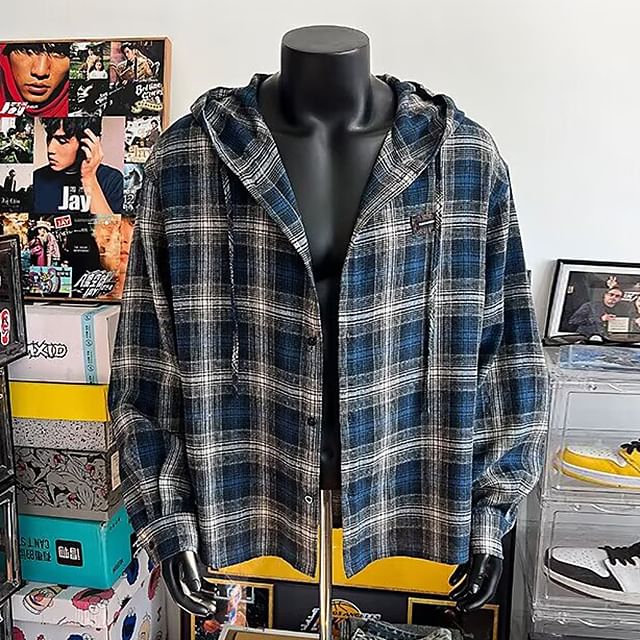 GRAYCIOUS-Long-Sleeve Plaid Hooded Button-Up Shirt