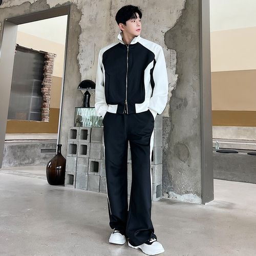 Set: Stand Collar Two Tone Zip Jacket + Mid Rise Wide Leg Pants