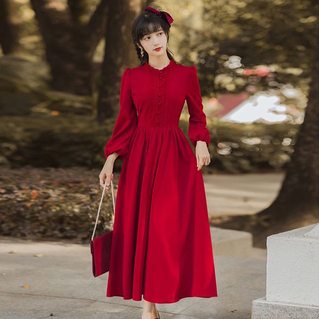 Flonso Long-Sleeve Plain Midi A-Line Dress Wine Red XL