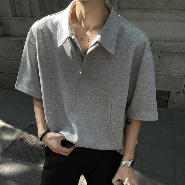 Vernanah-Elbow-Sleeve Half-Zip Plain Polo Shirt
