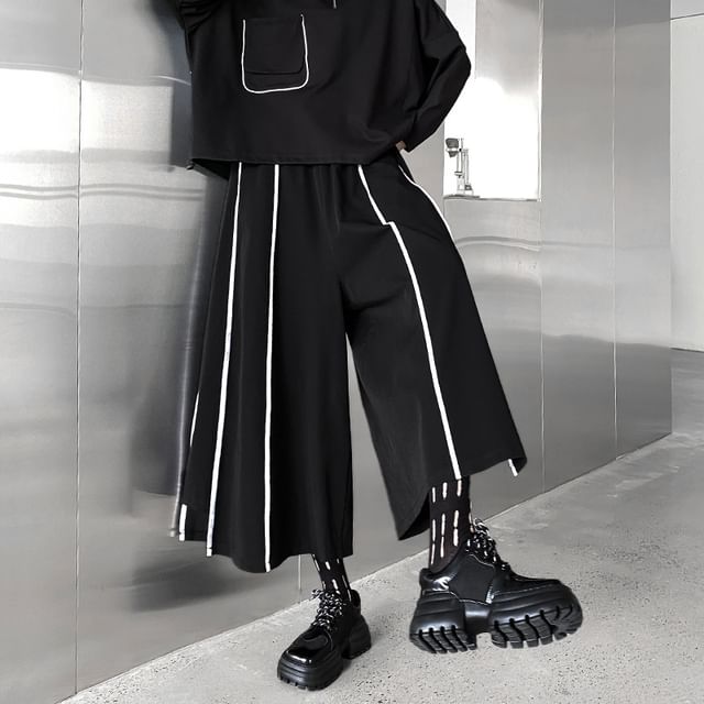 KUMI-High Waist Striped Cropped Culottes