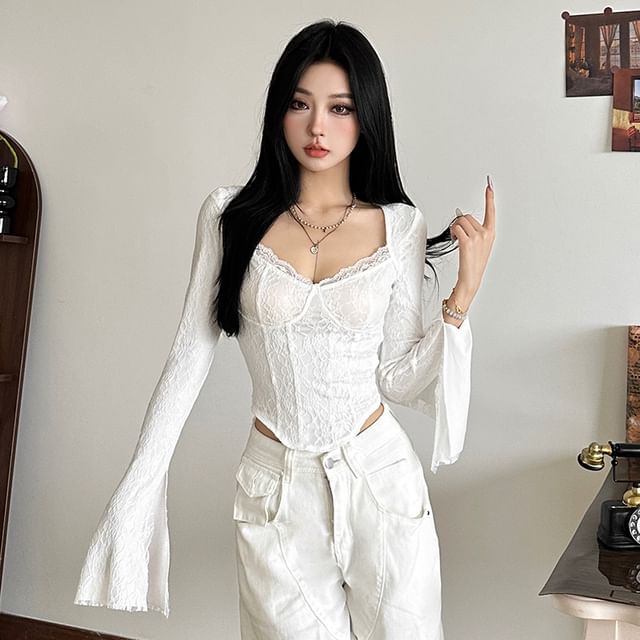 Lexama-Long-Sleeve Square Neck Plain Lace Bustier Top