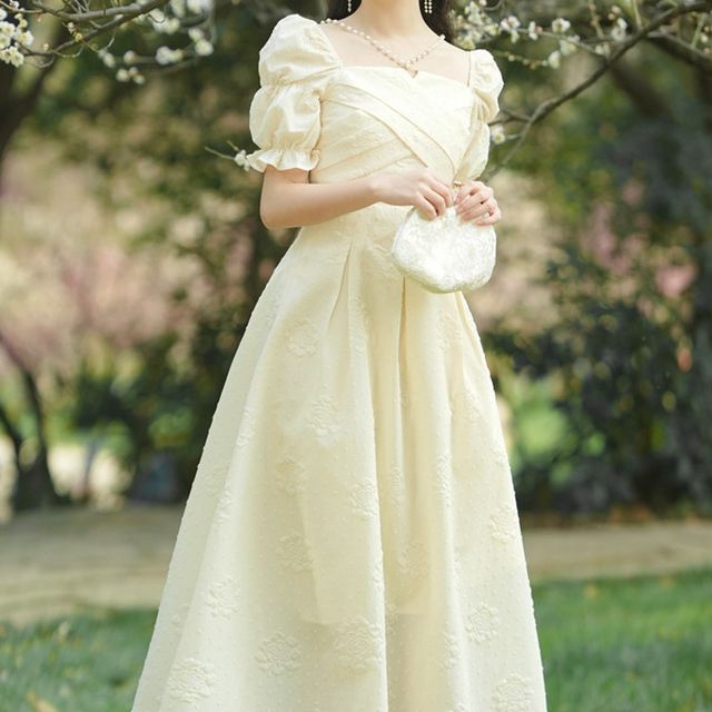 Nebbia - Puff-Sleeve Faux Pearl Midi A-Line Dress | YesStyle