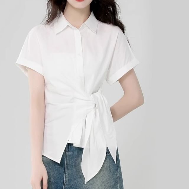 Dragan Pulse-Short-Sleeve Collared Asymmetrical Tie Waist Button-Up Plain Blouse