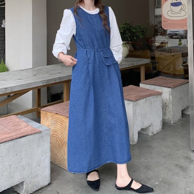 fitted lace wedding dress Denim Jumper Dress for Women Maxi Loose Adjustable Straps Long Jean Dresses  Plus Size Overall Dress with Pockets at Amazon Women's Clothing store main image 1