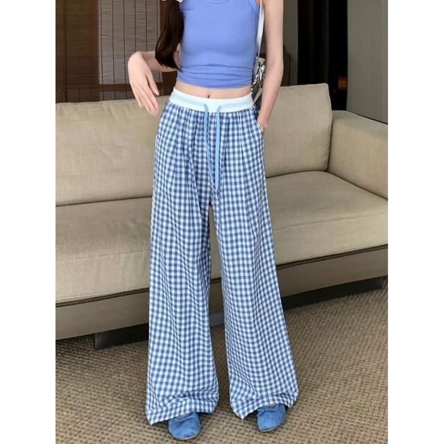 Beem-Drawstring Waist Plaid Contrast Trim Wide Leg Pants