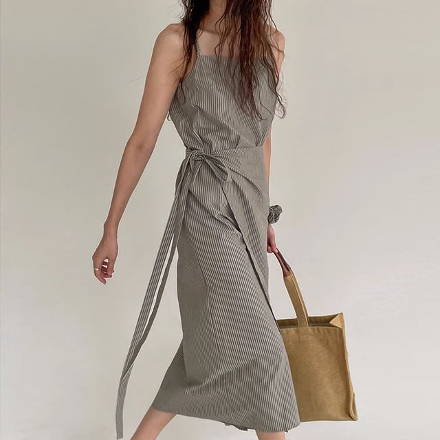 Strawolf-Spaghetti Strap Striped Wrap Midi Sundress