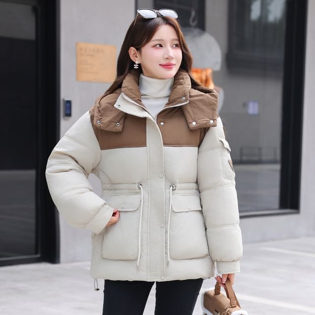 Sienne-Stand Collar Two Tone Hood Zip Puffer Jacket