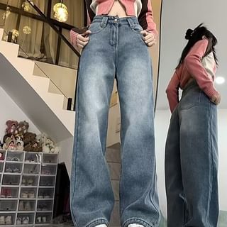 Wildfoea-Mid Waist Washed Wide Leg Jeans