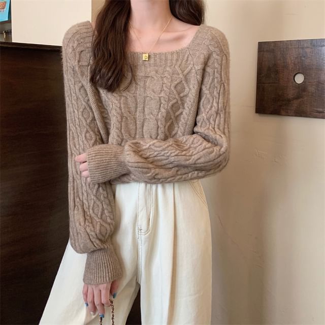 OGAWA-Puff-Sleeve Square-Neck Plain Cable Knit Sweater