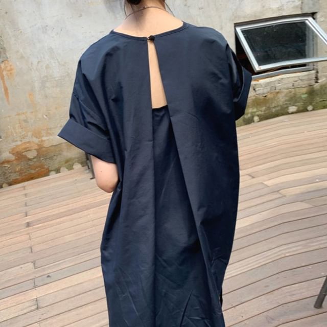 Coris-Short-Sleeve Plain Open Back Drawstring Waist Slit Midi A-Line Dress