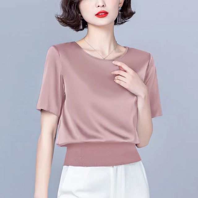 Everose-Short-Sleeve Round Neck Plain Satin Tee