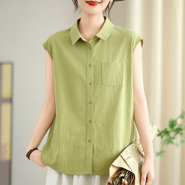 Lewwe-Sleeveless Collared Plain Shirt