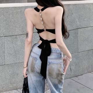 Yilda-Halter Neck Rhinestone Chained Open Back Crop Top