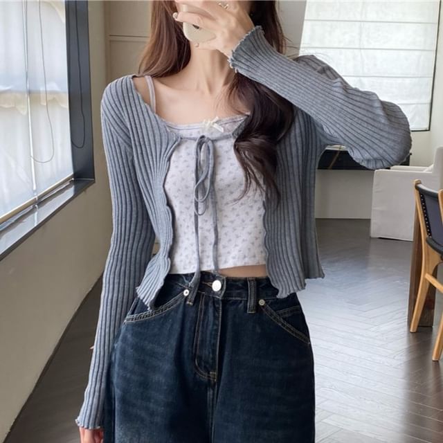 Trendycas Plain Ribbed Lace-Up Cardigan Floral Cropped