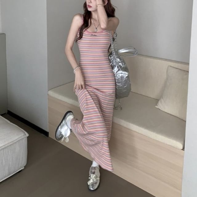 Beem-Spaghetti Strap Striped Midi A-Line Dress