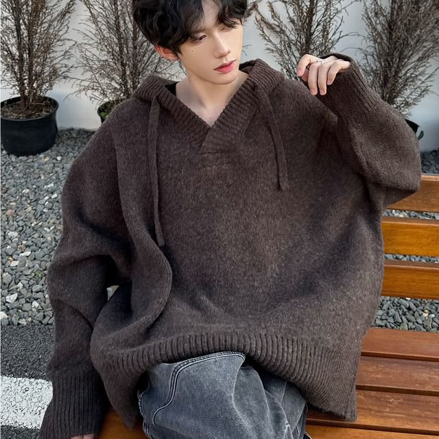 Orungeetun-Drawstring Hooded Plain Oversized Sweater