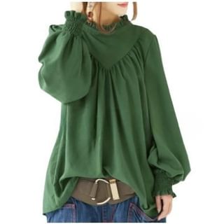 MIKIGA-Balloon Sleeve Stand Collar Plain Gathered Panel Blouse