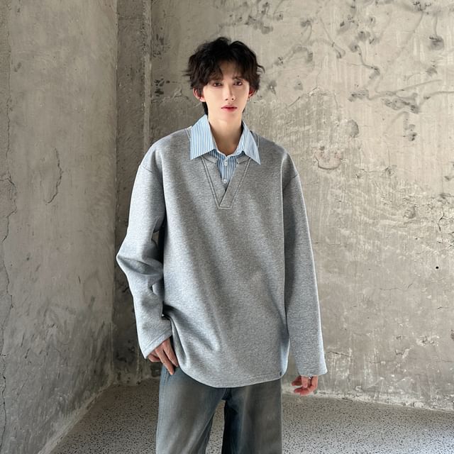 ravewider-Collared Mock Two-Piece Striped Panel Sweatshirt