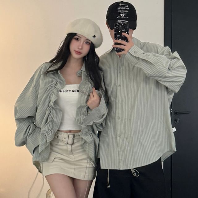 Azure-Couple Matching Long Sleeve Collared Striped Drawstring Shirt
