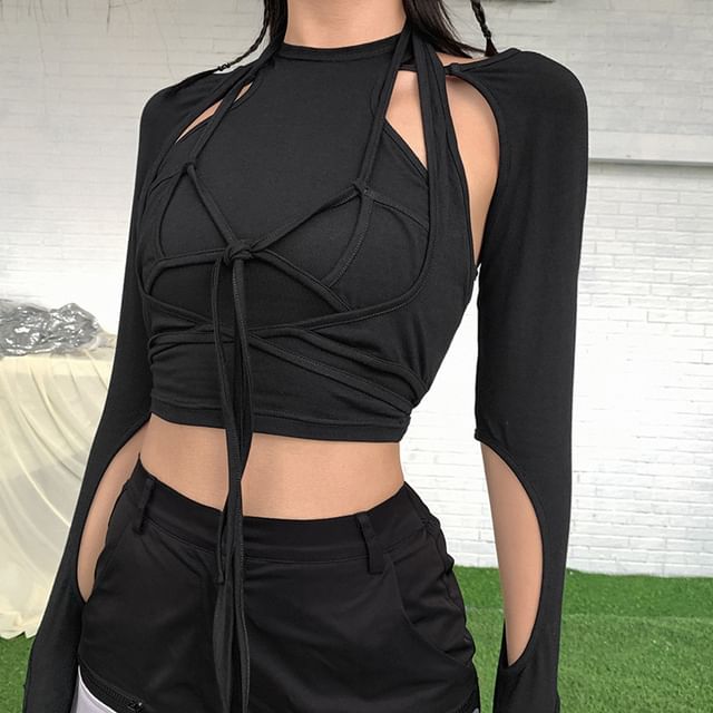 - Two-Piece Long-Sleeve Strappy Cutout Crop Top | YesStyle
