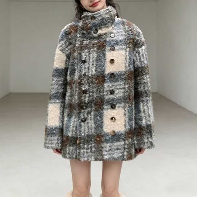 Everose-Stand Collar Plaid Double Breasted Coat
