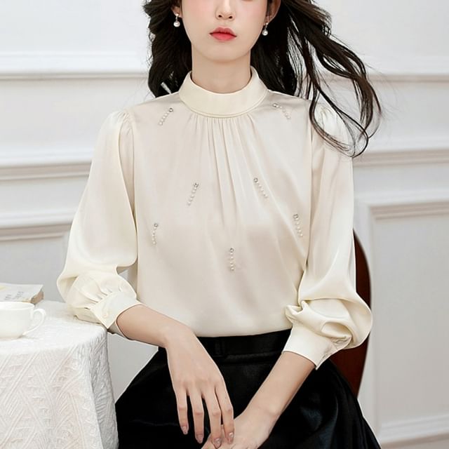 Dragan Pulse-Long Sleeve Stand Collar Plain Beaded Satin Blouse