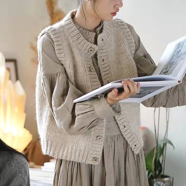 Lewwe-Crewneck Button-Up Plain Cardigan