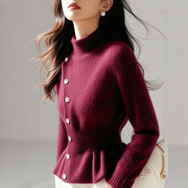 INEN-Long-Sleeve Mock Neck Plain Peplum Button Knit Top