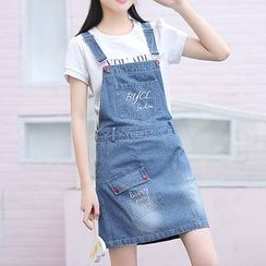 YICON - Lettering Denim Overall Dress