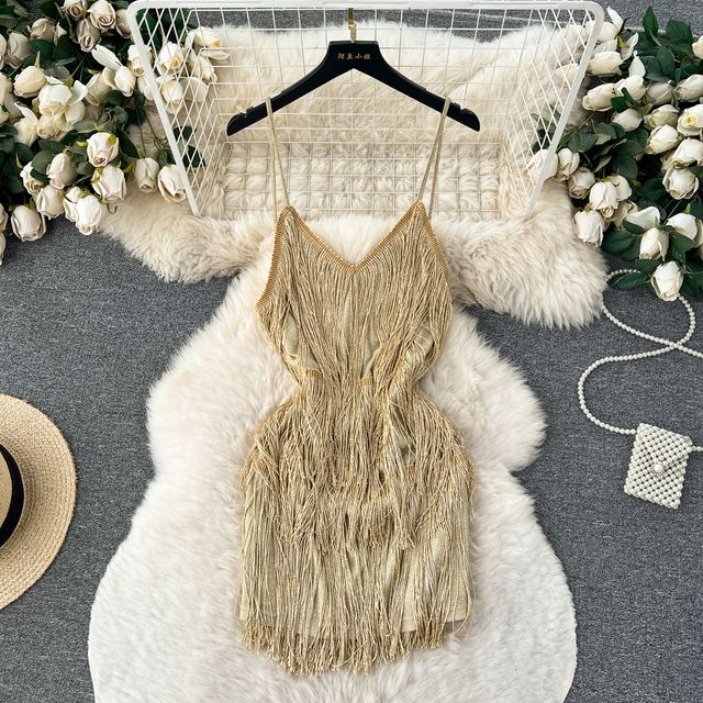 Lucuna - Spaghetti Strap V-Neck Glitter Tassel Open Back Mini Bodycon Dress  | YesStyle