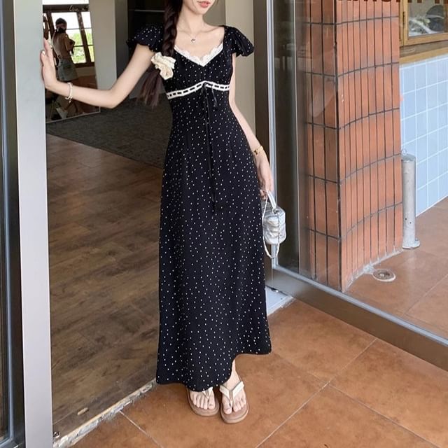 Cap-Sleeve V-Neck Dotted Maxi A-Line Dress