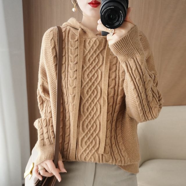 Weelop-Plain Hood Cable Knit Sweater