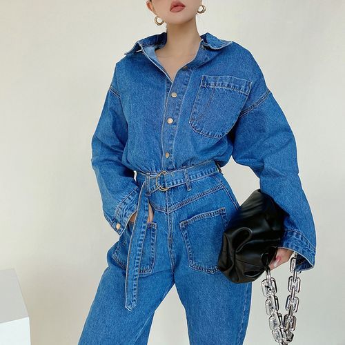 LIVIE LongSleeve Collared Denim Jumpsuit YesStyle