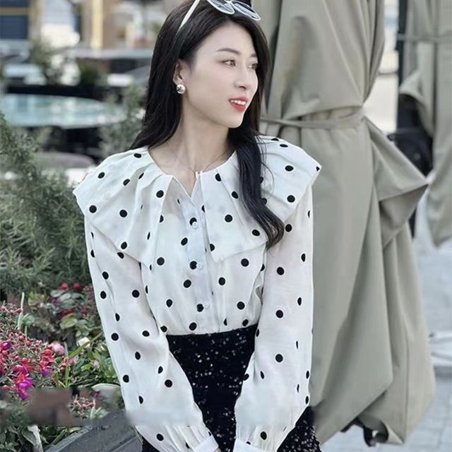 Everose-Long-Sleeve Dotted Blouse