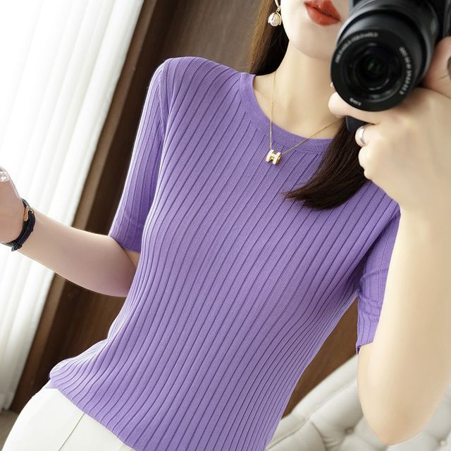 Weelop-Short-Sleeve Round Neck Plain Knit Top