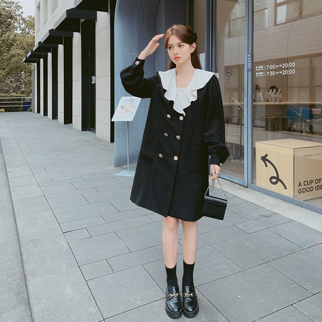 Poppis - Long-Sleeve Collar Two Tone Oversized Blazer Dress | YesStyle