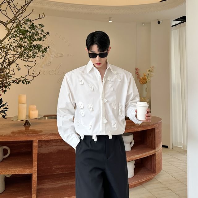 Patow-Long-Sleeve Embellished Button-Up Plain Shirt