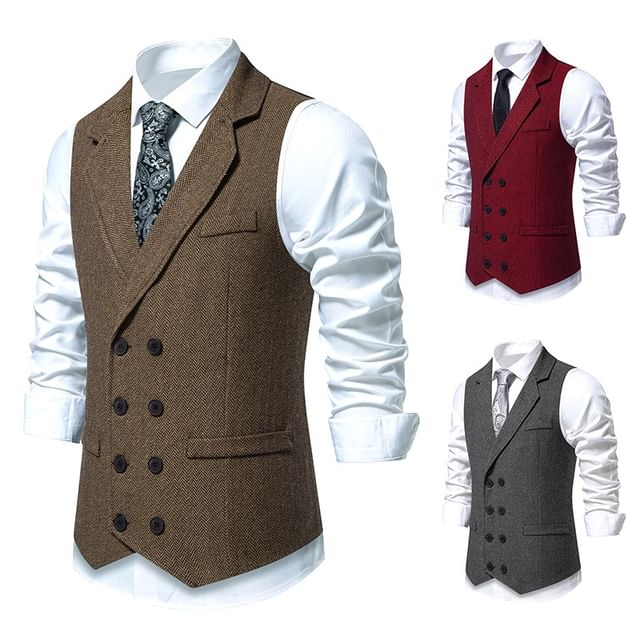 FORSETI-Notch Lapel Herringbone Double-Breasted Vest