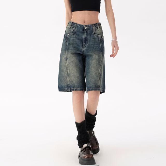 Magimomo-Mid Rise Washed Denim Shorts