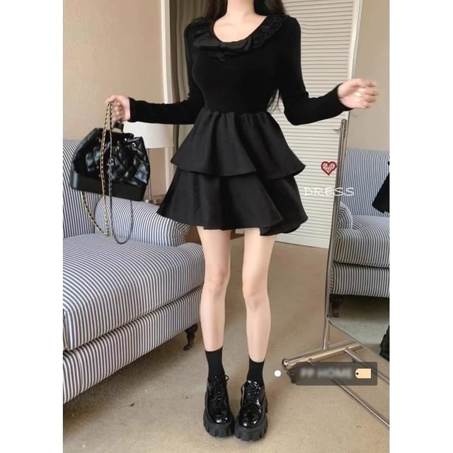 long sleeve layered a line mini dress in black Lyvia Long Sleeve Mini Dress Black main image 0