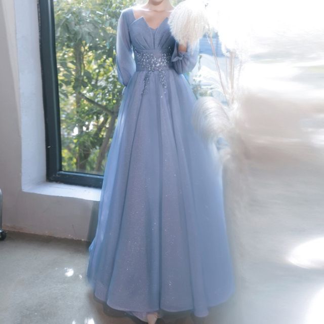 Sekulia - Bell-Sleeve Embellished A-Line Evening Gown | YesStyle