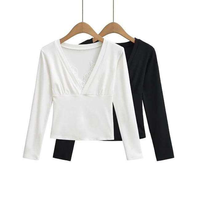 Hollahop-Long-Sleeve V-Neck Plain Top