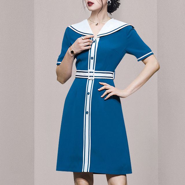 Yilda Short-Sleeve Sailor Collar Shift Dress YesStyle