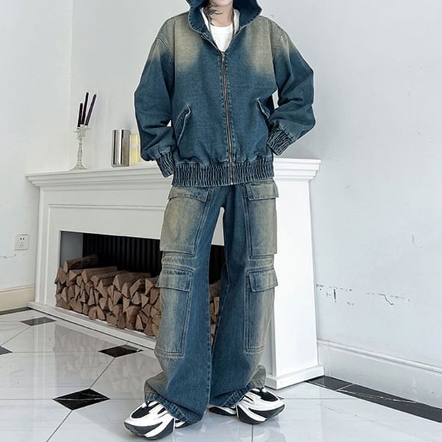 Bjorn Set: Washed Hood Zip Denim Jacket Mid Rise Panel Wide